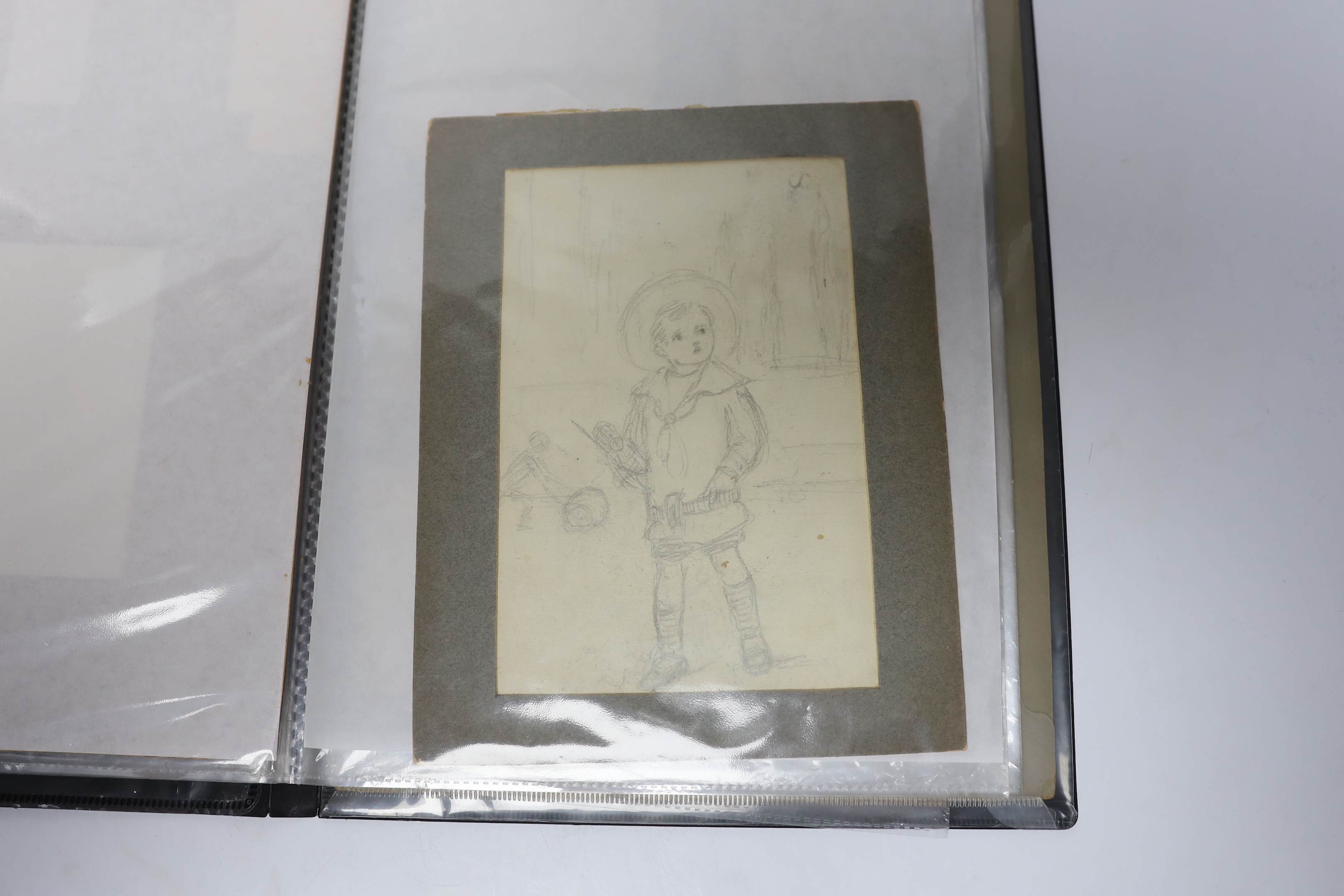 Folio of 18th / 19th century and later pen, ink and pencil sketches, Figural studies, children and putti, one inscribed ‘Ann. Carracino’ in ink verso, unframed, some mounted, largest 22 x 13cm